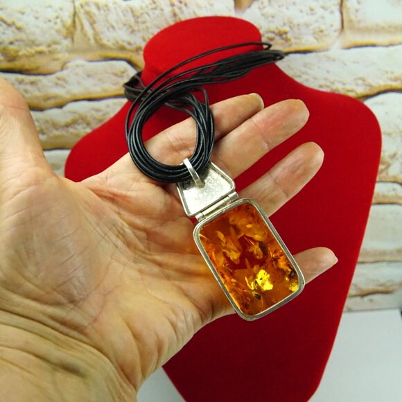 Modernist Faceted Amber and 925 Silver Huge Pendant With Black Leather Cord 17" - Picture 6 of 16